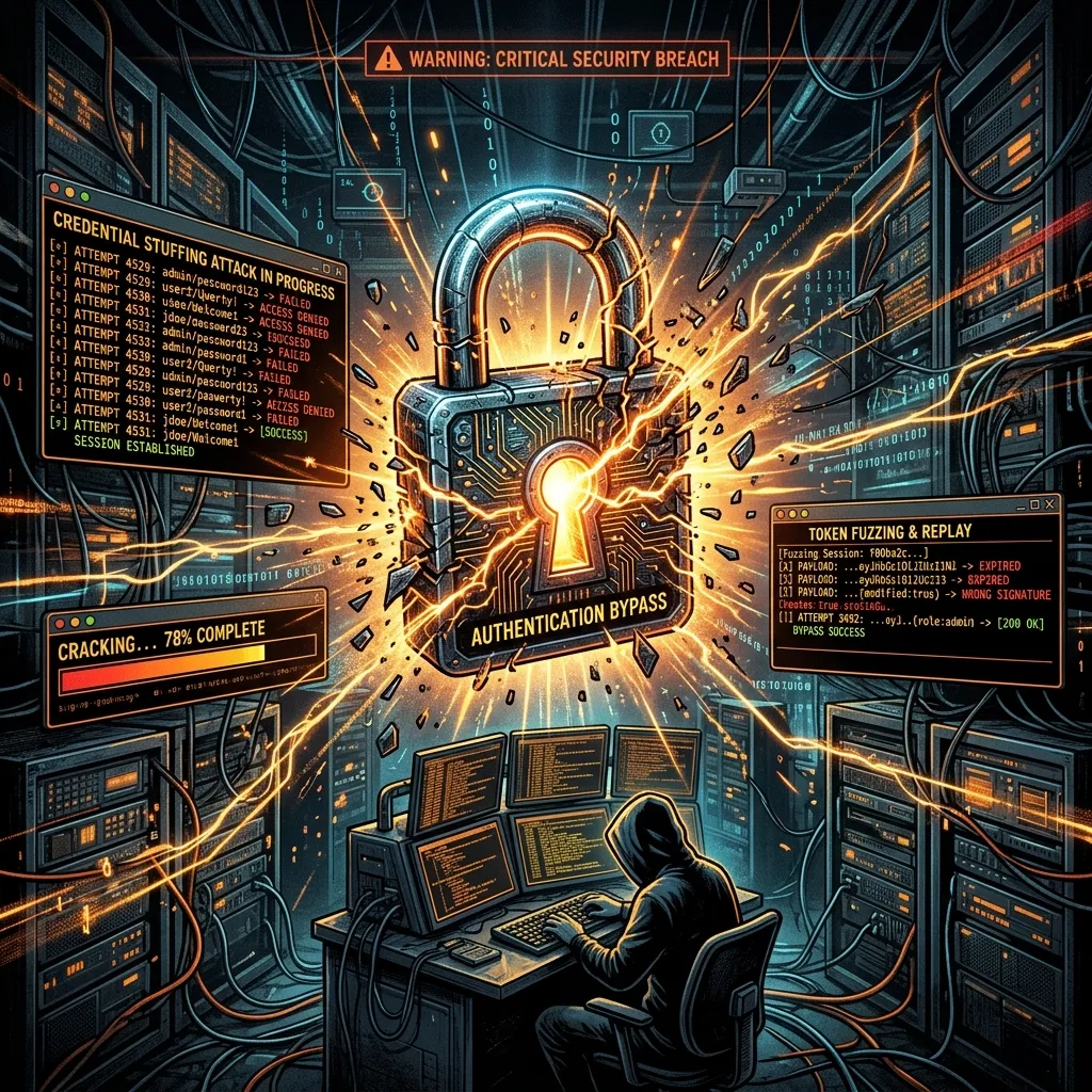 Terminal showing authentication bypass and credential stuffing
